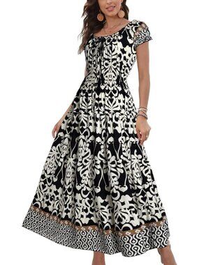 🆕Women's Black Boho Floral Flowy Print Tiered Short Sleeves Summer Maxi Dress